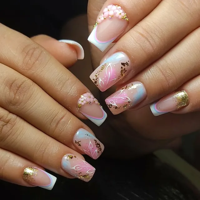 Uñas cuadradas con francés blanco, degradado rosa y celeste, flores en relieve y hoja de oro.